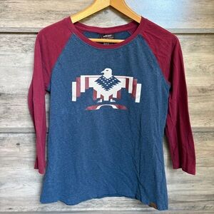 Ariat Burgundy & Blue Graphic 3/4 Sleeve Baseball Tee Red White Blue Eagle sz M